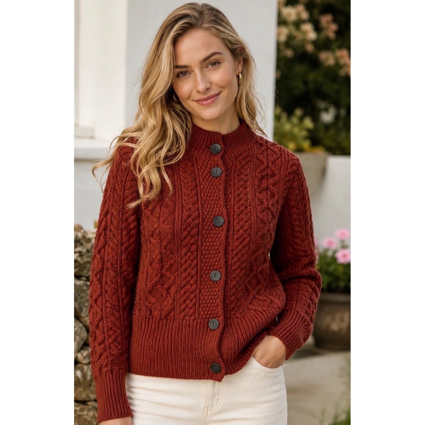 Iconic Aran Irish Wool Cable Knit Cardigan Sweater Rust Mock Neck Small Dolman